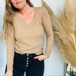 NEW CHARTER CLUB Cashmere Cream Tan Camel VNeck Preppy Pullover Sweater Top M